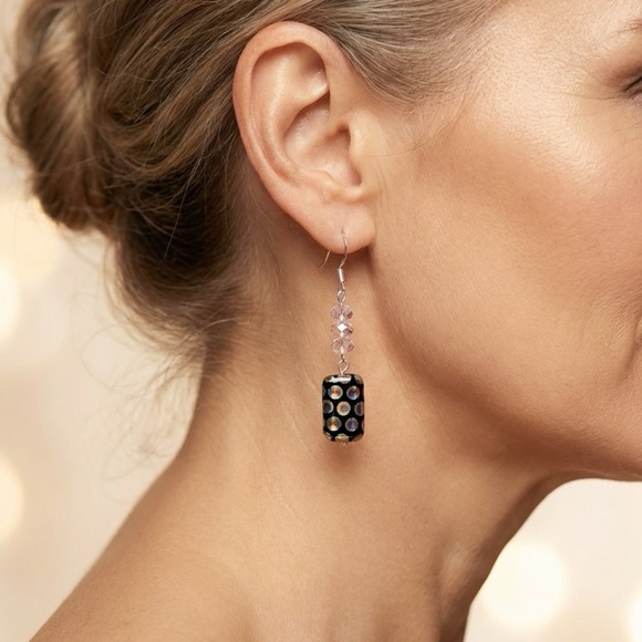Black Iridescent Dot Glass Drop Earrings Pink Crystal Sterling Silver - Picture 4 of 4